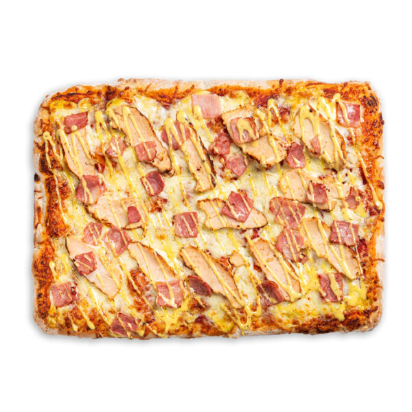 Pizza Pollo, bacon y salsa mostaza y miel 30x40
