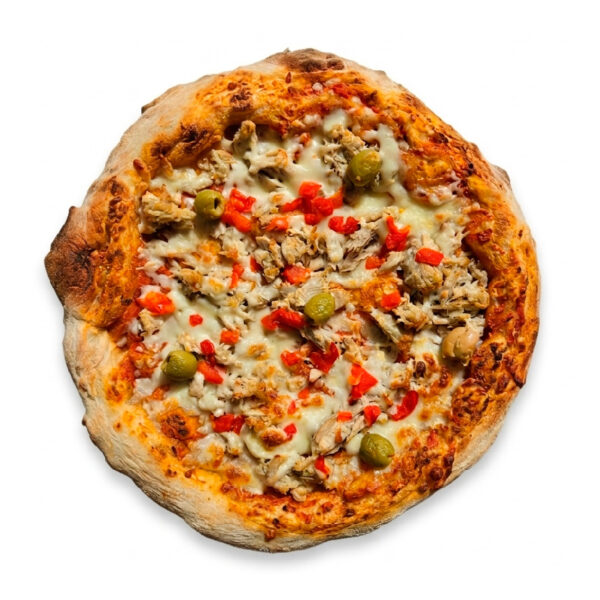 Pizza atún, pimientos y aceitunas