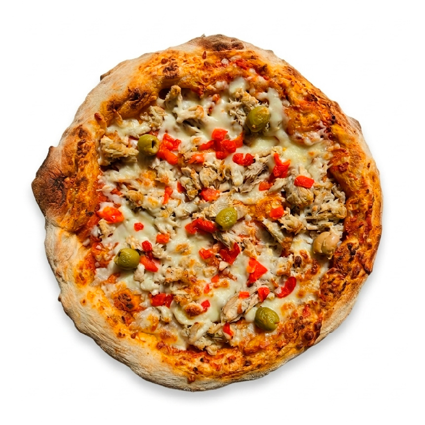 Pizza atún, pimientos y aceitunas